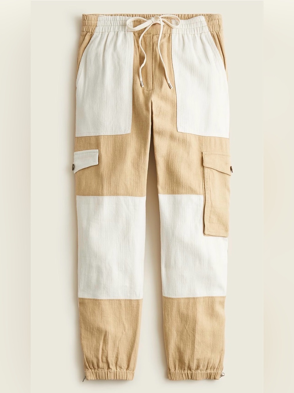 J CREW Tie-Waist Linen-Blend Sz:6 Patched Cargo Tan Ivory Ankle-Zip Joggers.